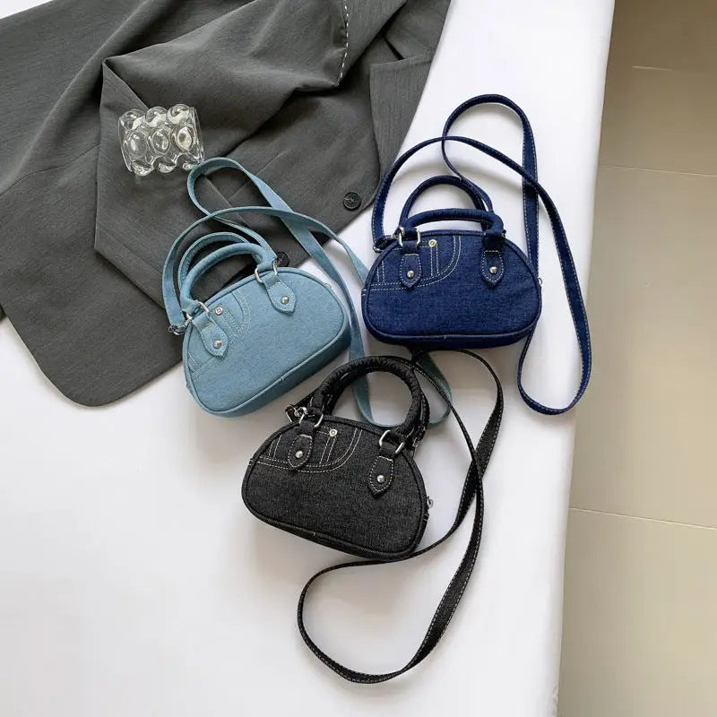 Shell Shape Soft Denim Outer Bag with Pocket in Black and Blue