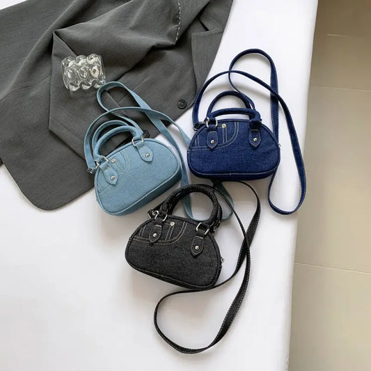 Shell Shape Soft Denim Outer Bag with Pocket in Black and Blue