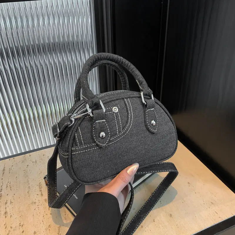 Shell Shape Soft Denim Outer Bag with Pocket in Black and Blue