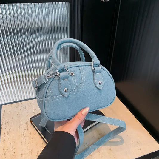 Shell Shape Soft Denim Outer Bag with Pocket in Black and Blue
