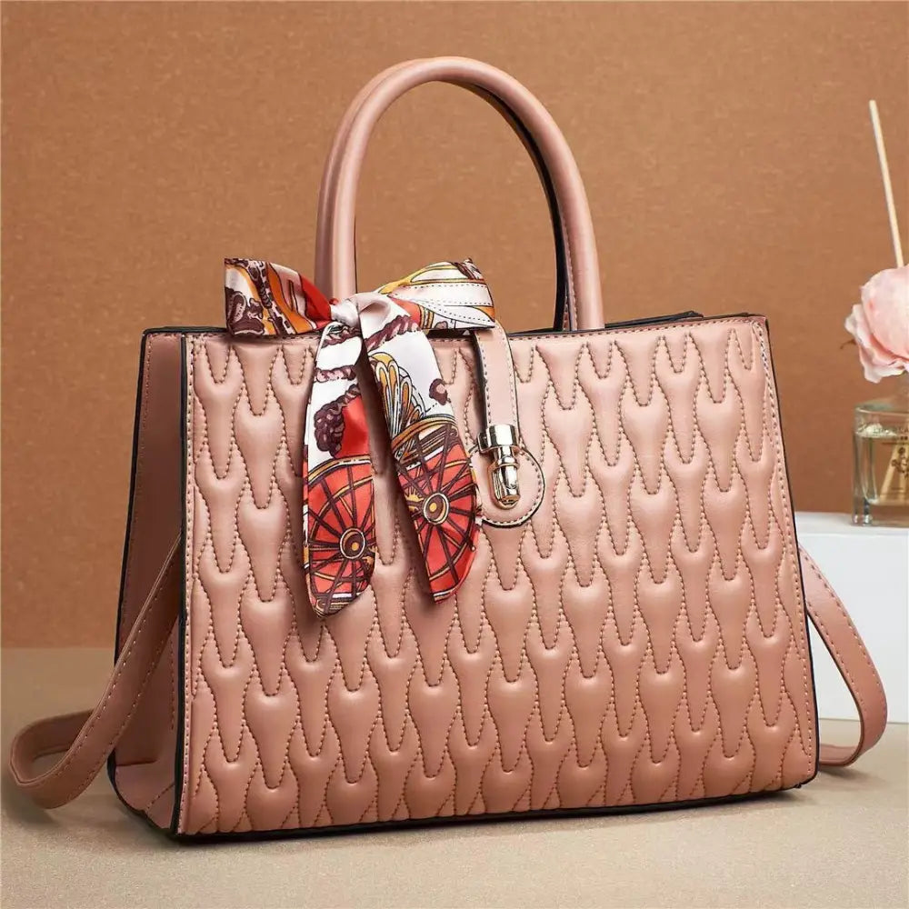 SilkDaze Soft Leather & Diamond Embossed Shoulder Bag - Apricot