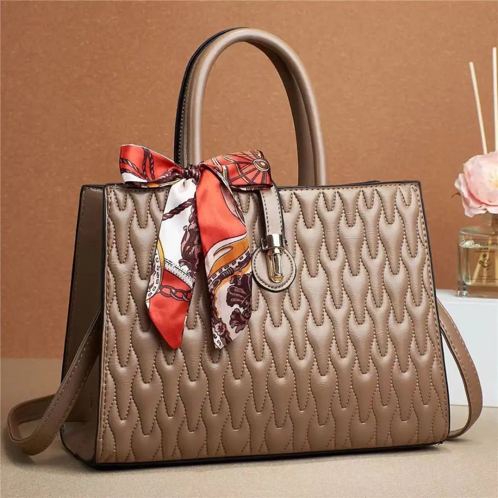 SilkDaze Soft Leather & Diamond Embossed Shoulder Bag - Khaki