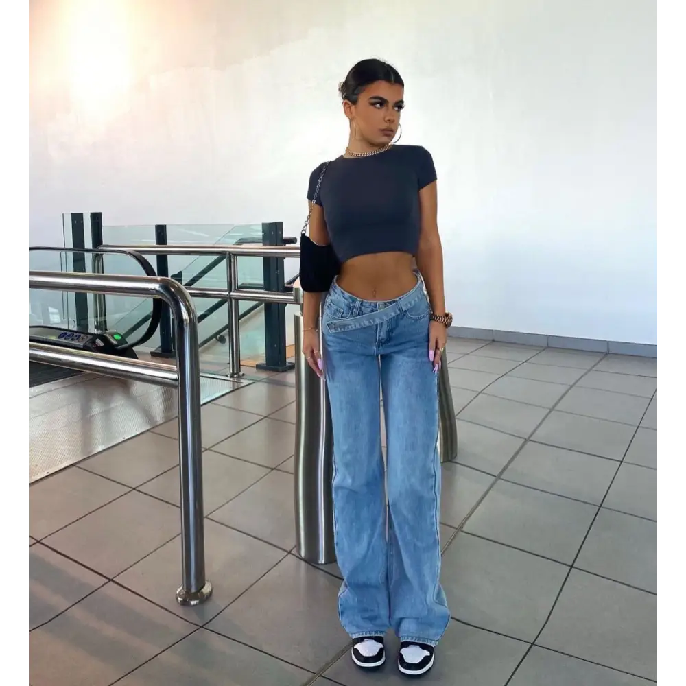 Skyline Chic: Bevel Button Straight Jeans - Light Blue / S