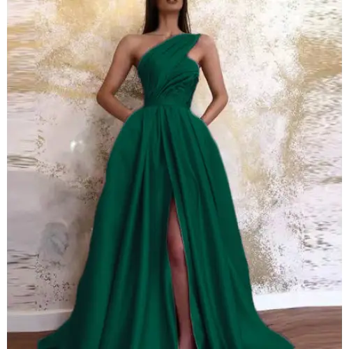 Slanted Allure: Elegant Slit Shoulder Gown - Green / 2XL