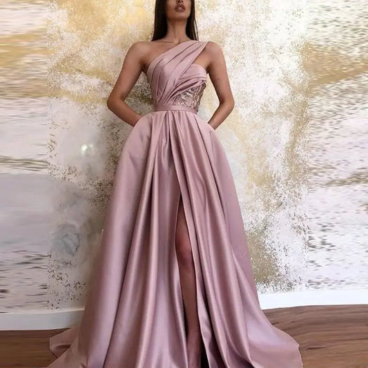 Slanted Allure: Elegant Slit Shoulder Gown - Pink / 2XL