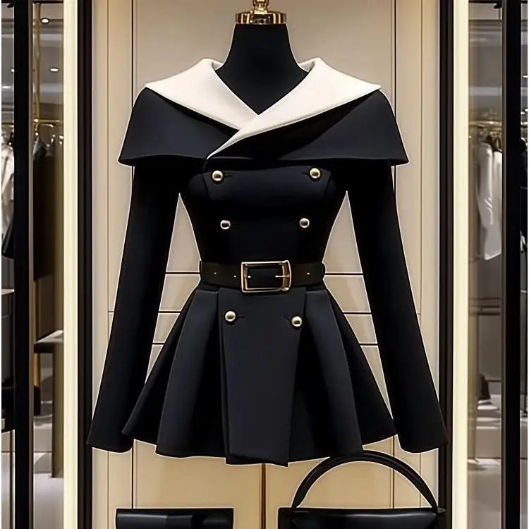 Black belted dress with white collar.