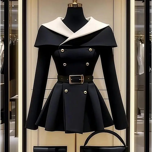 Black belted dress with white collar.