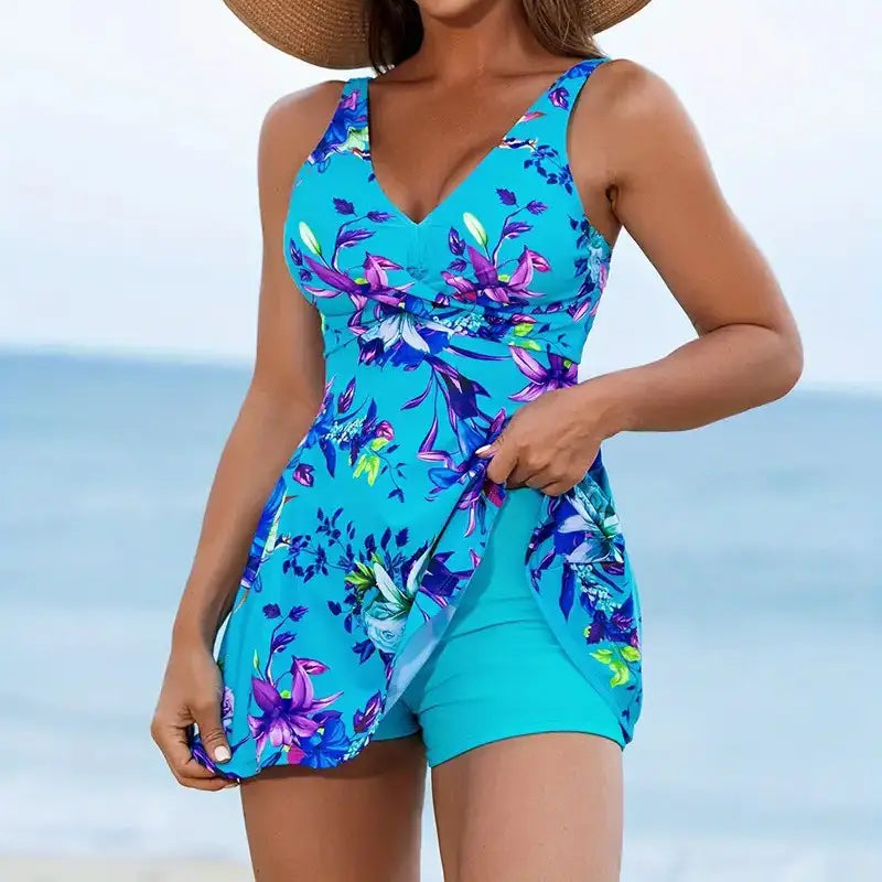Slim Looking Belly Covering Sexy Print Two-piece Skirt Swimwear - Lake Blue / S