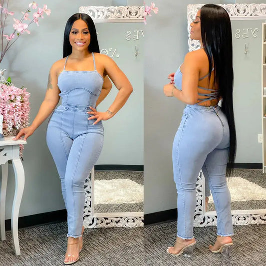 Slinky Denim Suspenders Jumpsuit