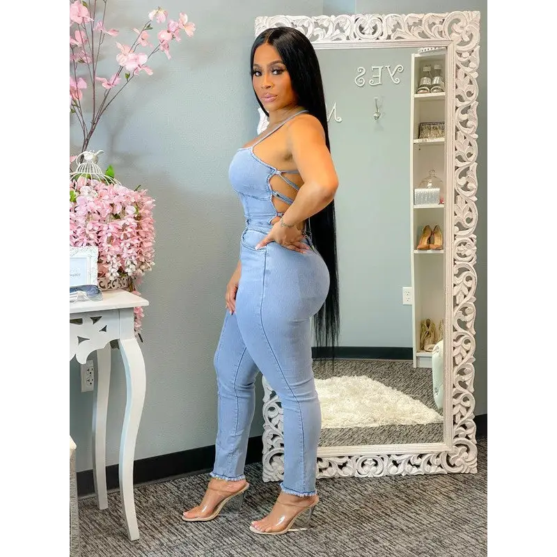 Slinky Denim Suspenders Jumpsuit