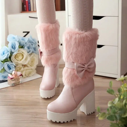 SnowSweet Bow: Women’s Cozy Thick Heel Boots
