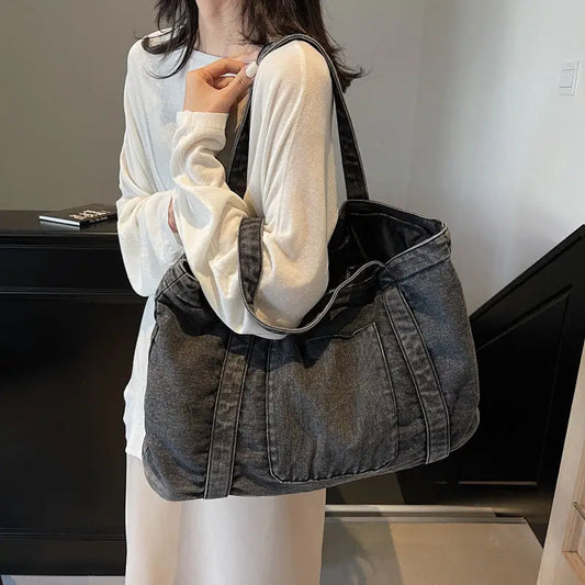 Soft Denim Square Suitcase with Multiple Internal Pockets