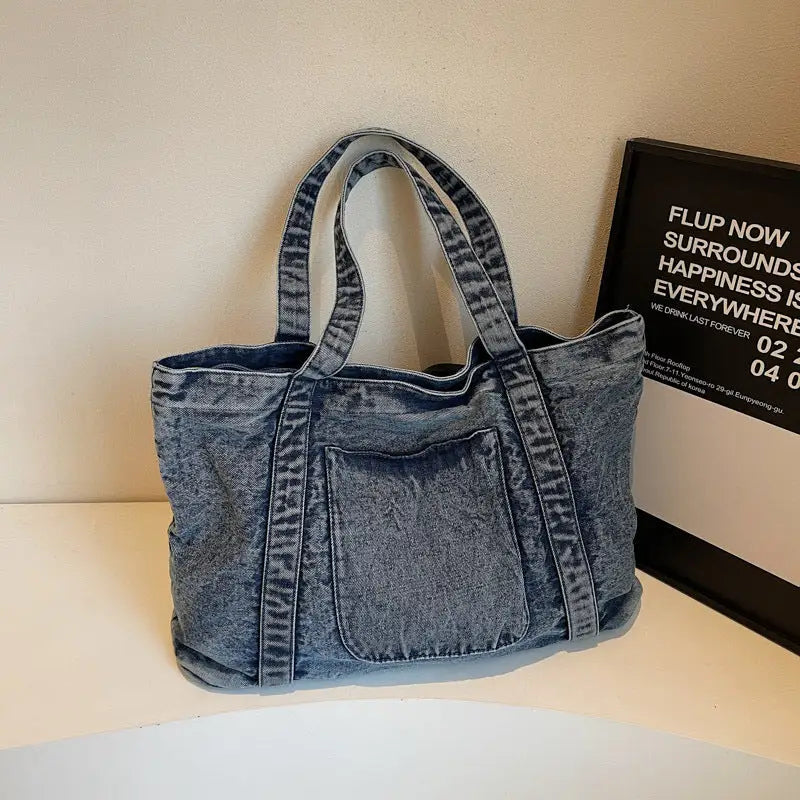 Soft Denim Square Suitcase with Multiple Internal Pockets - Light Blue