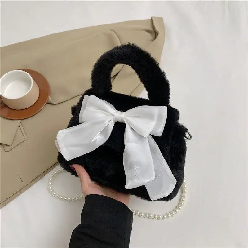 Soft Nylon Bow Handbag with Open Pocket in Multiple Colors - Black
