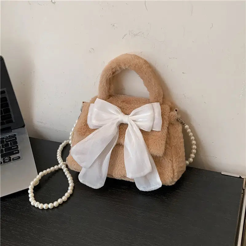 Soft Nylon Bow Handbag with Open Pocket in Multiple Colors - Brown