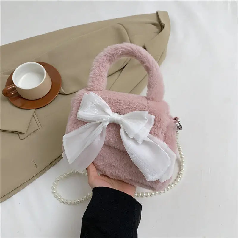 Soft Nylon Bow Handbag with Open Pocket in Multiple Colors - Pink