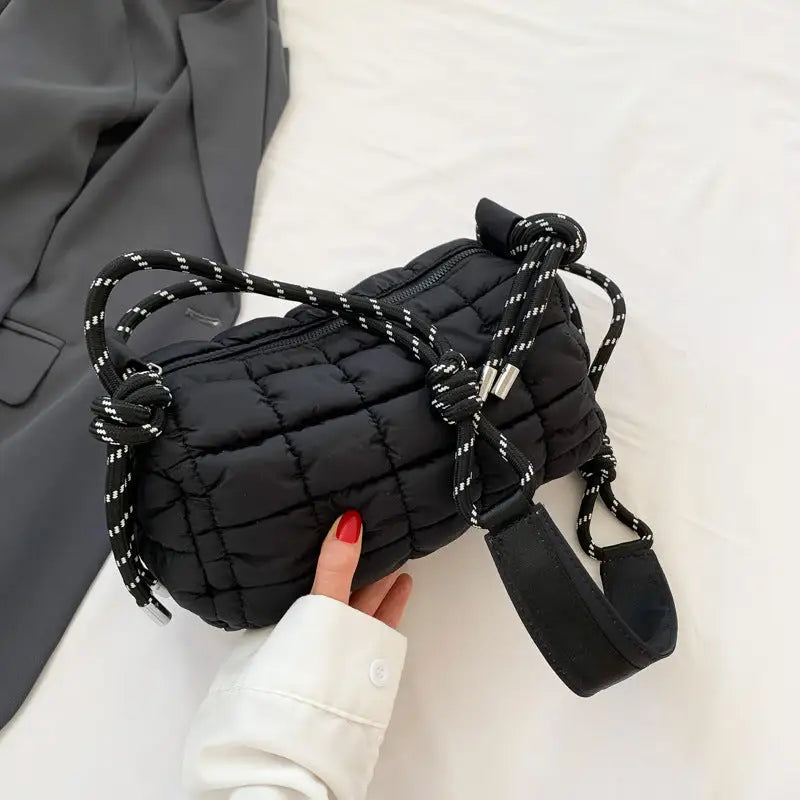 Soft Nylon Pillow Bag with Multiple Pockets and Zippered Compartments - Black