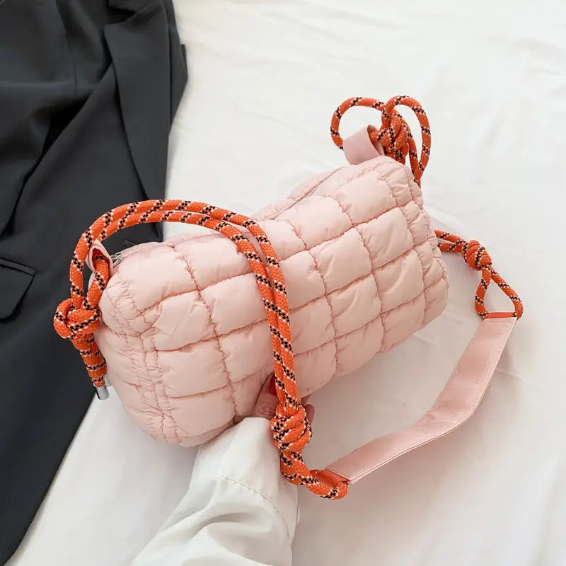 Soft Nylon Pillow Bag with Multiple Pockets and Zippered Compartments - Pink