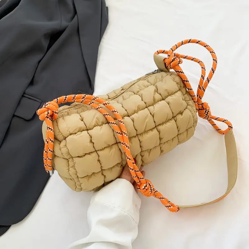 Soft Nylon Pillow Bag with Multiple Pockets and Zippered Compartments - Khaki