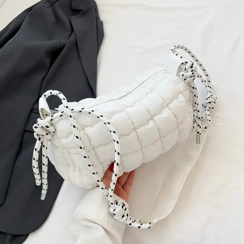 Soft Nylon Pillow Bag with Multiple Pockets and Zippered Compartments - White