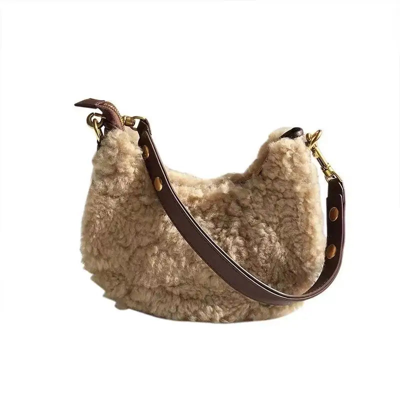 Soft Plush Polyester Shoulder Bag with Handle - Khaki