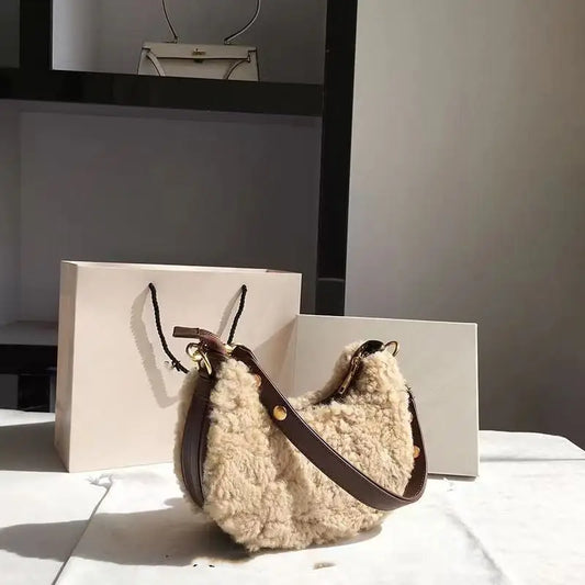 Soft Plush Polyester Shoulder Bag with Handle - Khaki
