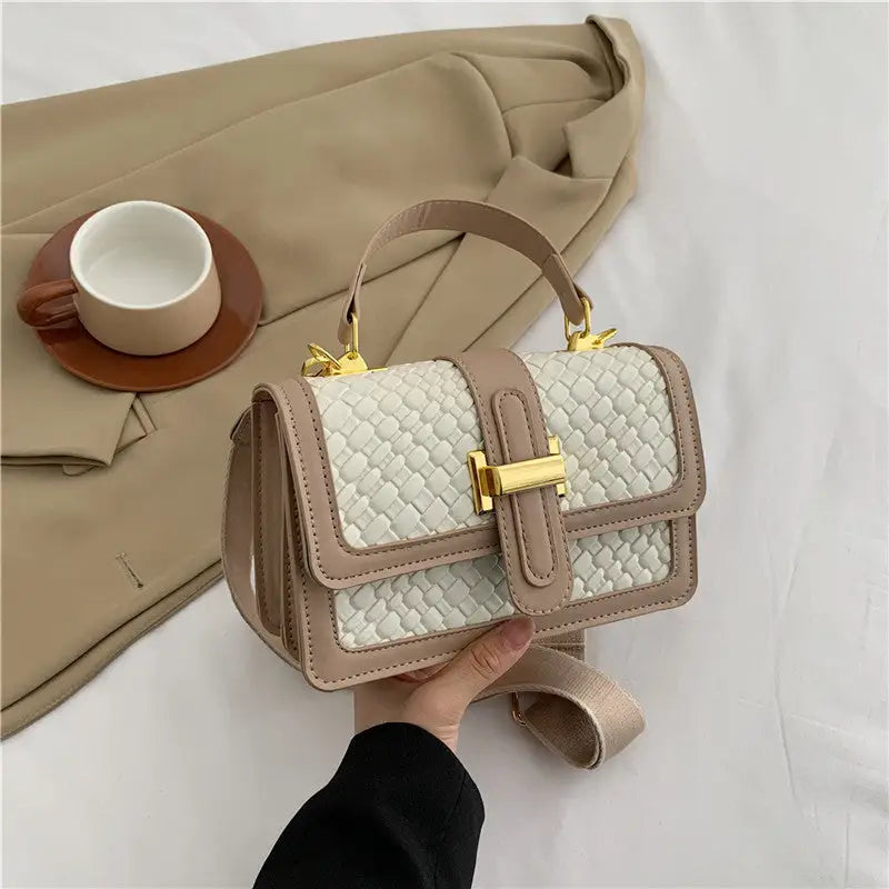 Soft PU Horizontal Square Bag with Nylon Lining and Internal Zipper Pocket - White And Khaki