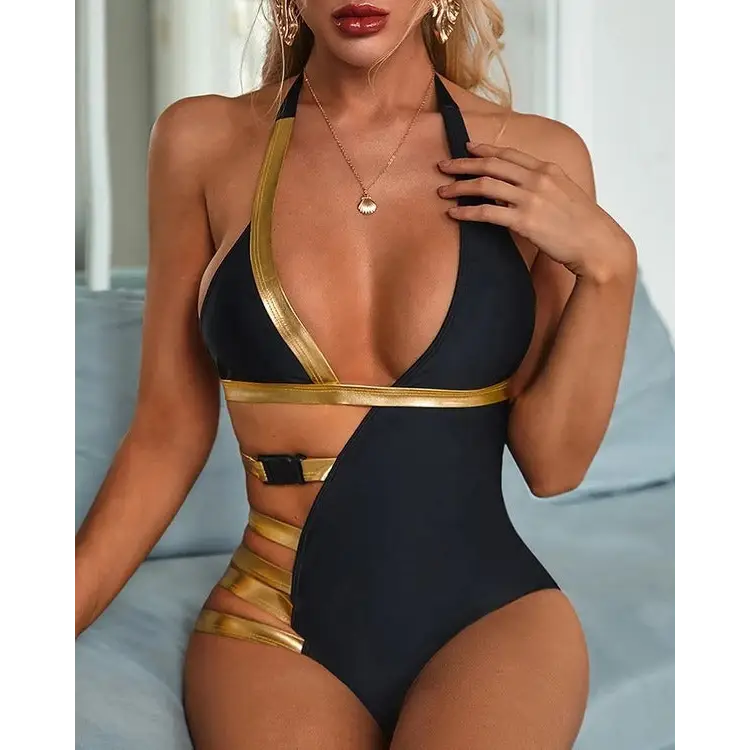 Solid Color High Waist Swimsuit Fashion Bronzing - Black / M