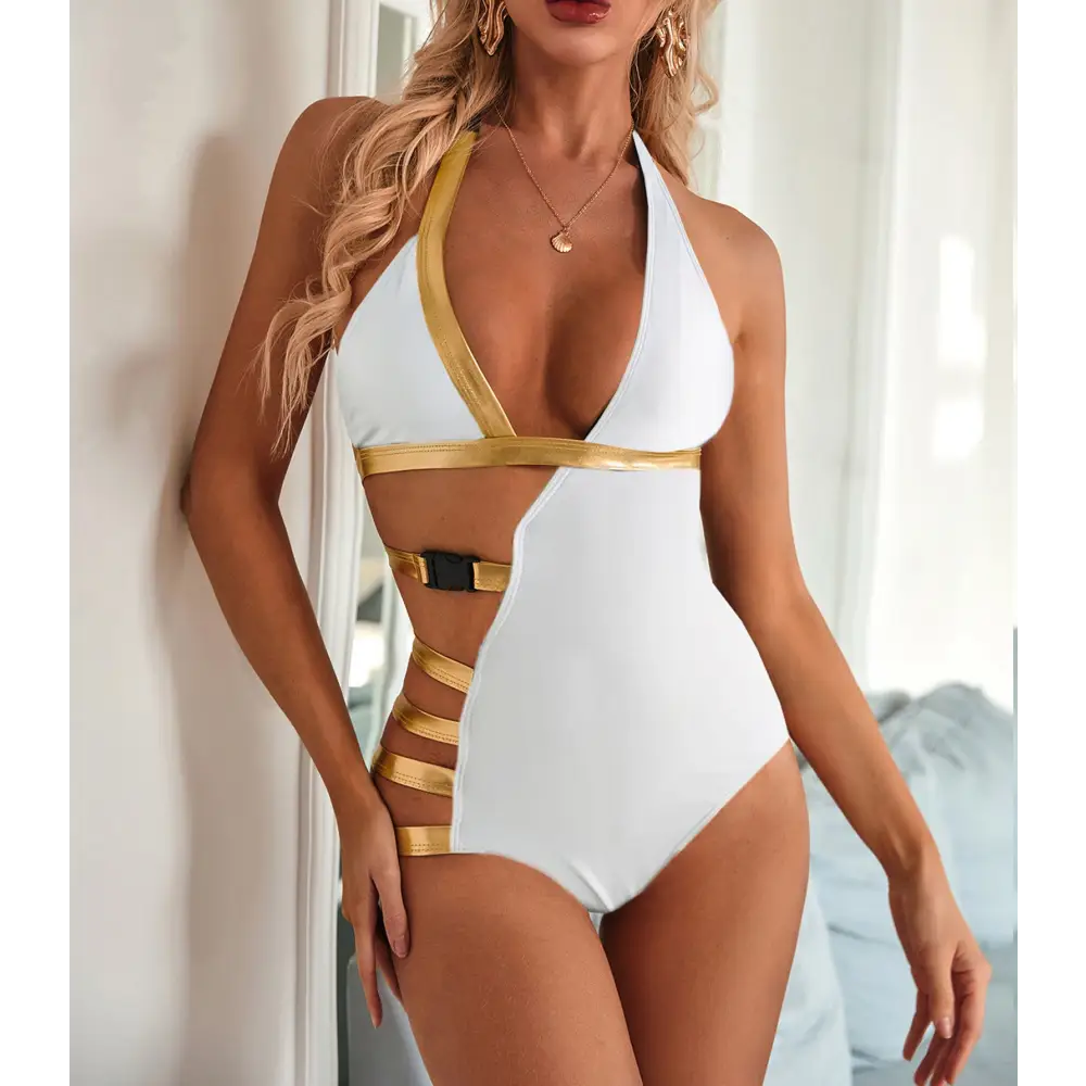 Solid Color High Waist Swimsuit Fashion Bronzing - White / S