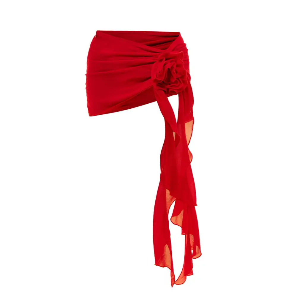 Solid Color Hollow Out One Piece Swimsuit Short Skirt Two-piece Set For Women - Red Skirt / S
