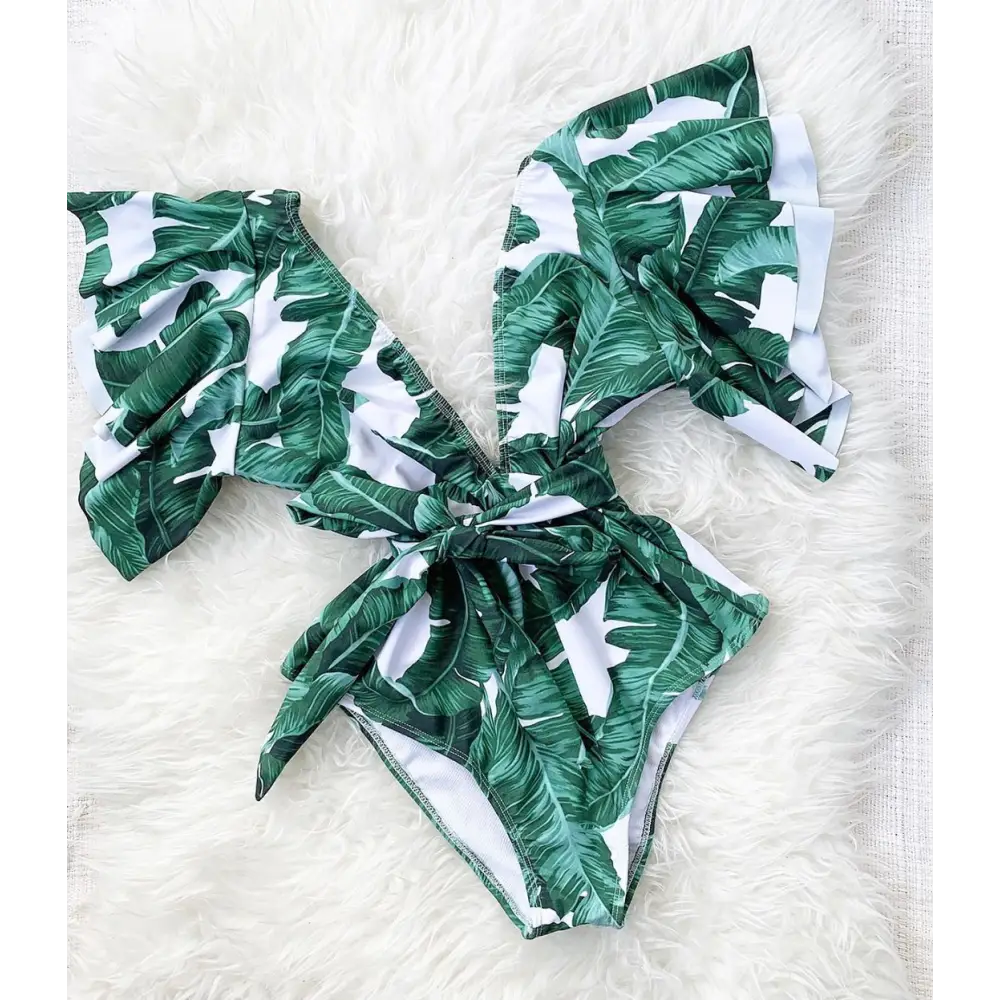 Solid color printed lace swimsuit - Green / S