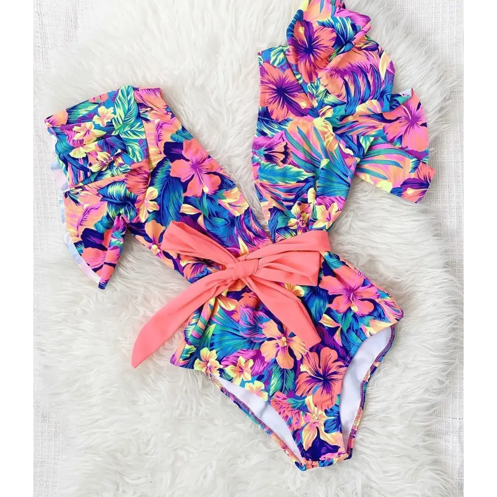 Solid color printed lace swimsuit - Pink / XL