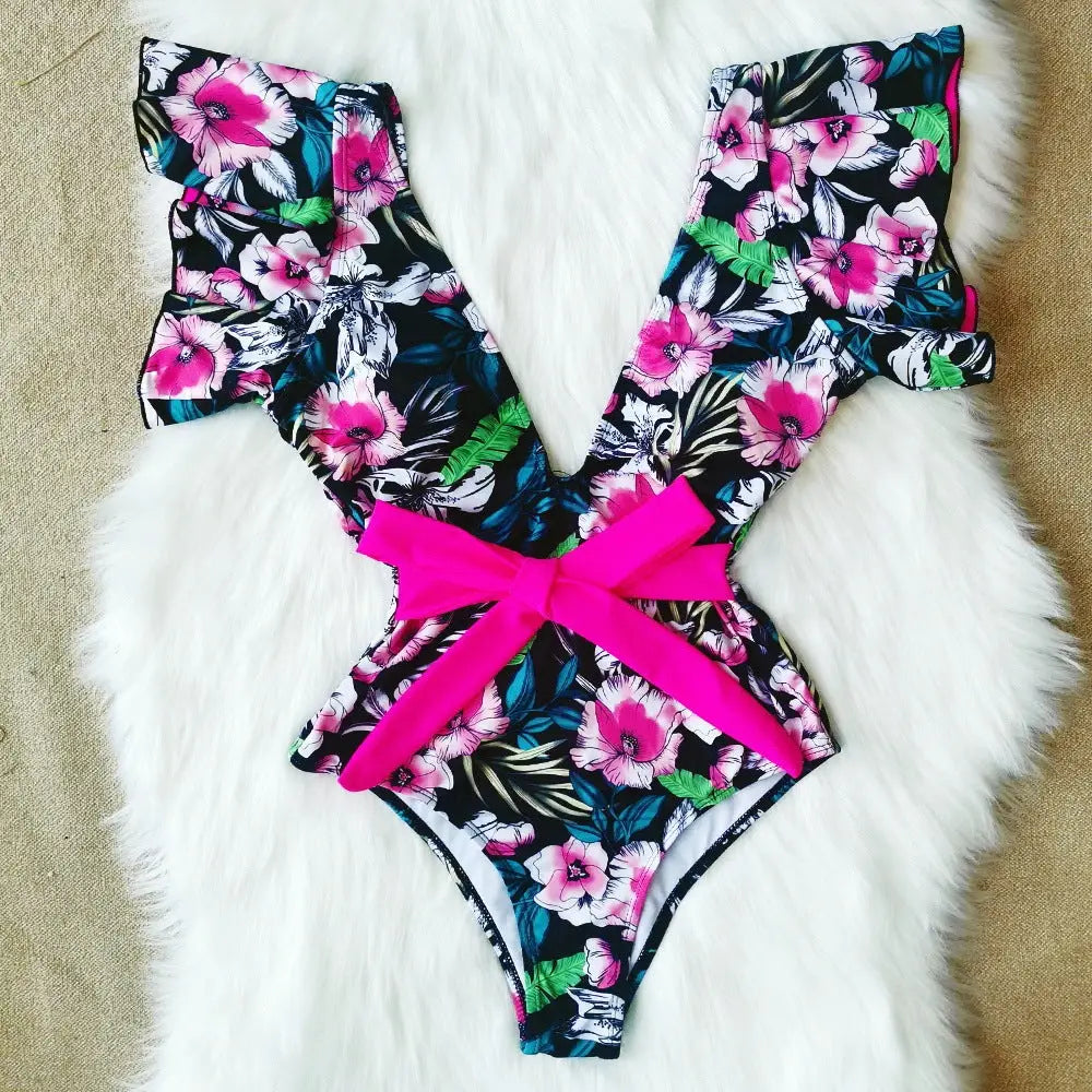 Solid color printed lace swimsuit - Purple / S