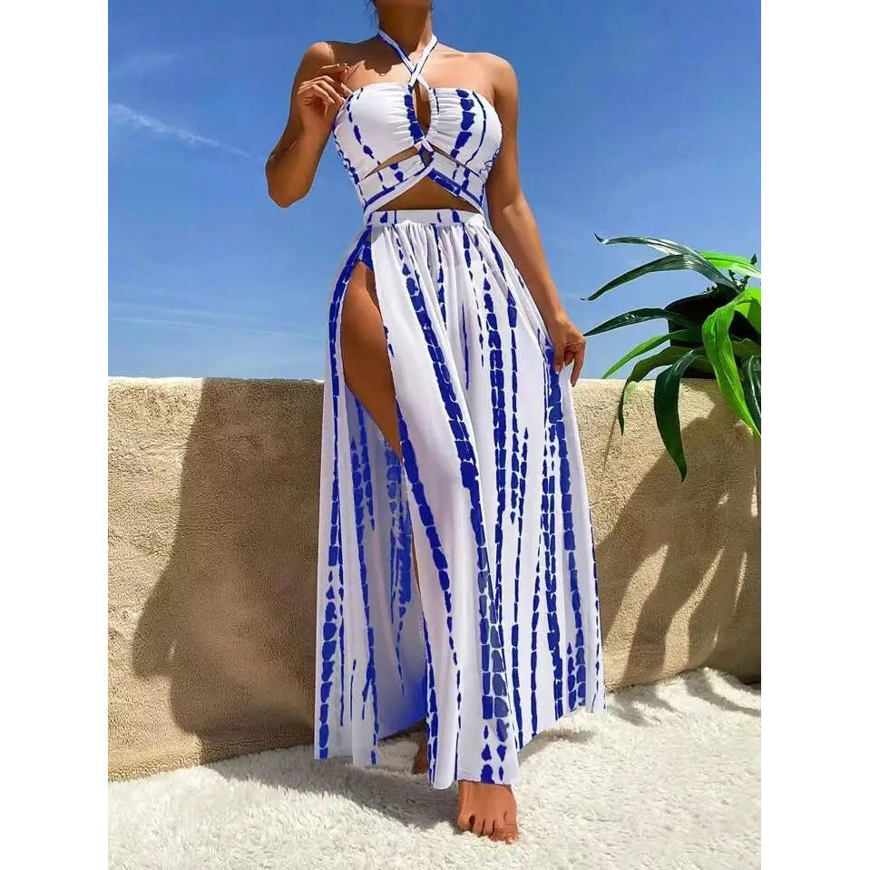 Split Bikini Swimsuit Cross Strap Sunscreen Gauze Skirt - Blue / S
