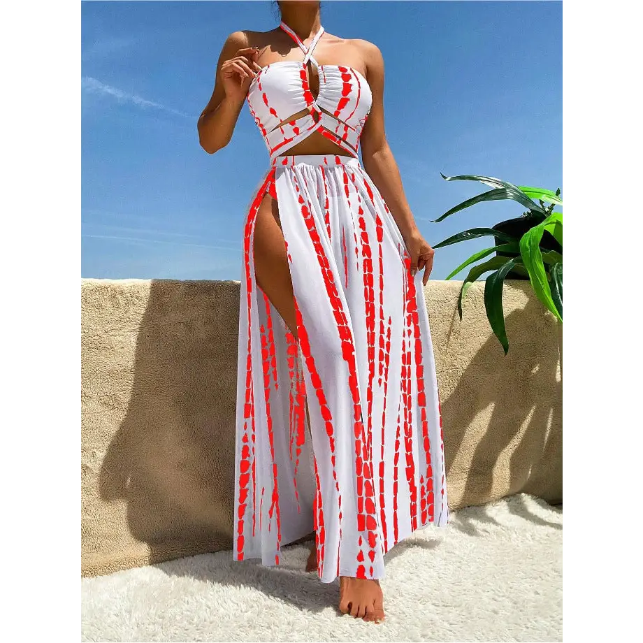 Split Bikini Swimsuit Cross Strap Sunscreen Gauze Skirt - Red / L