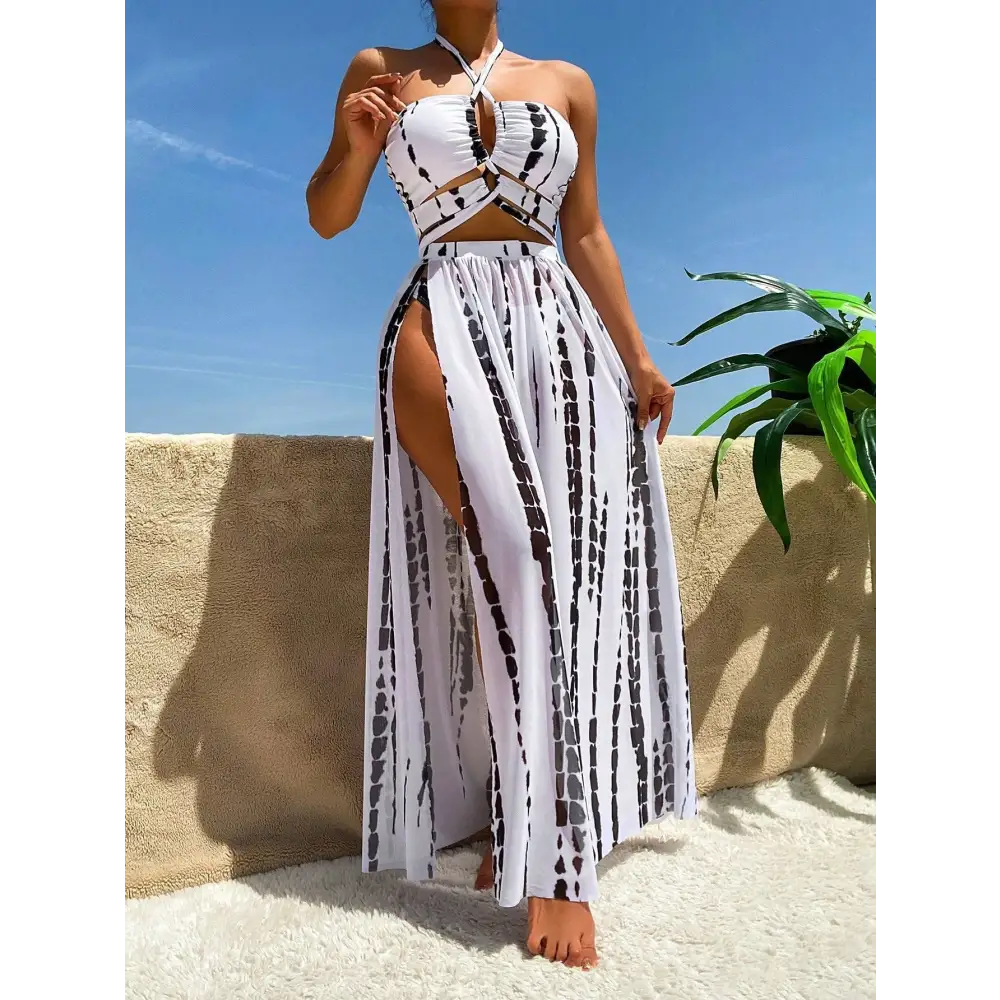 Split Bikini Swimsuit Cross Strap Sunscreen Gauze Skirt - White And Black / S