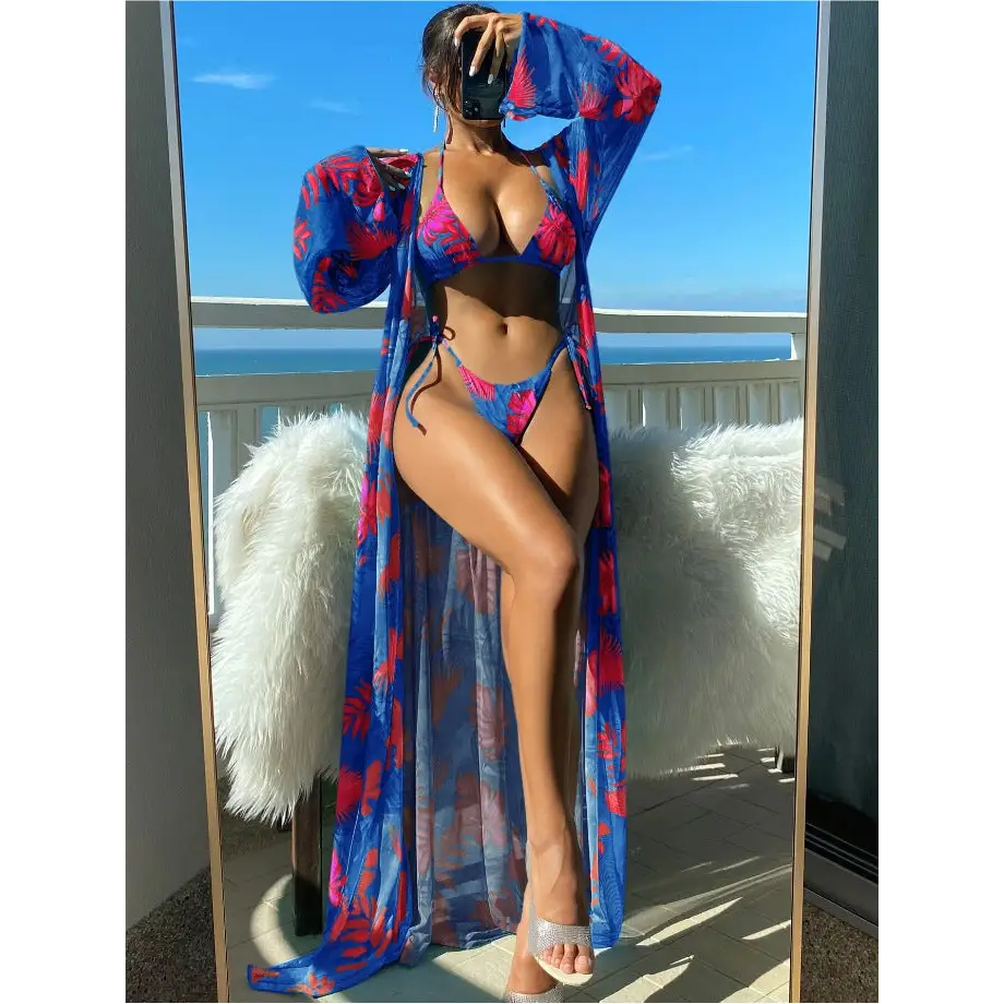 Split Long Sleeve Ins Blouse Banded Bikini - Blue Rose Red / S