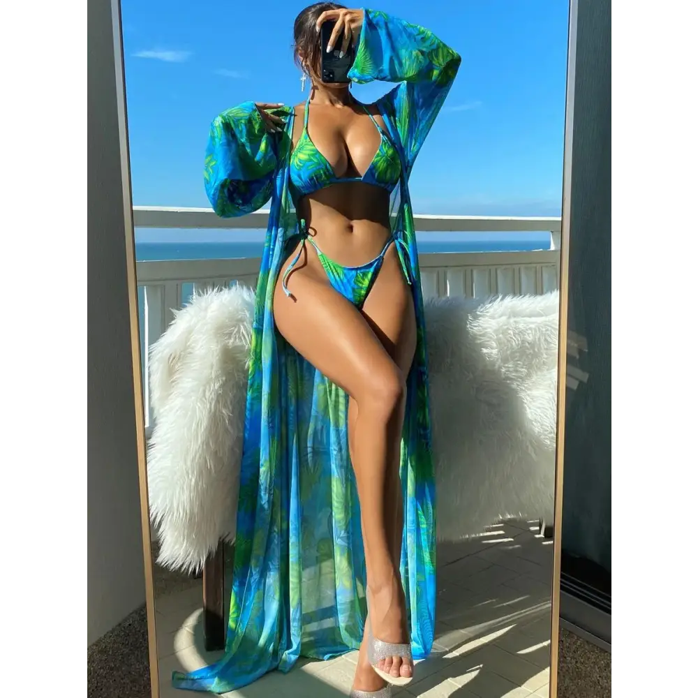 Split Long Sleeve Ins Blouse Banded Bikini - Blue / S
