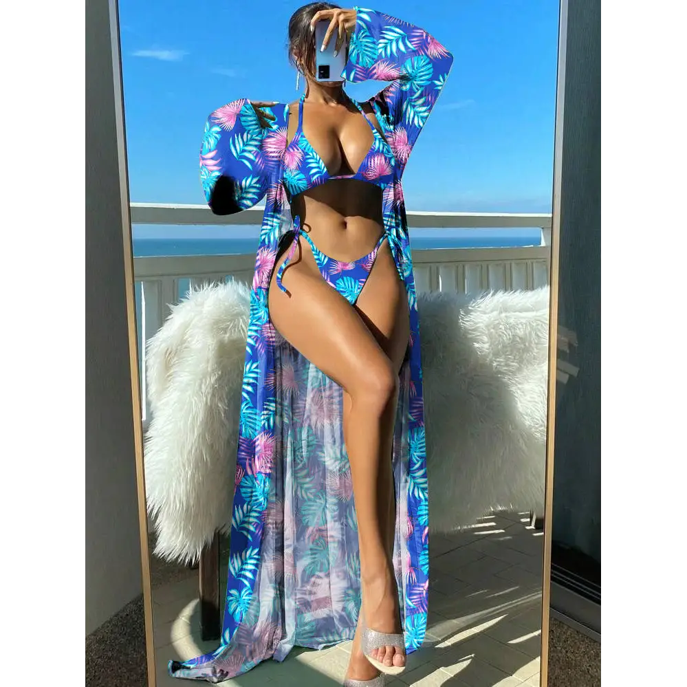Split Long Sleeve Ins Blouse Banded Bikini - Purple / S