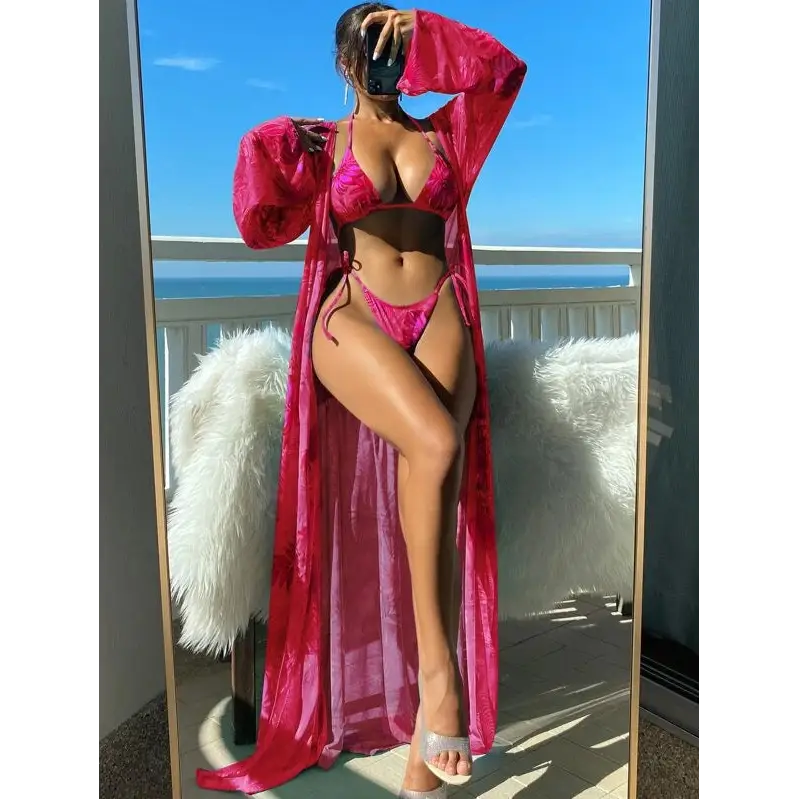 Split Long Sleeve Ins Blouse Banded Bikini - Rose Red / S