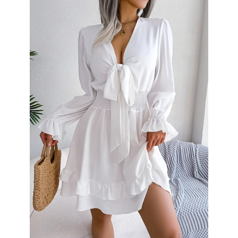 Spring And Summer European And American Leisure Lace-up Waist-tight Wooden Ear Swing Dress