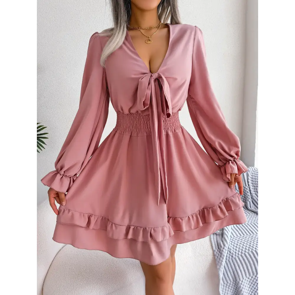 Spring And Summer European And American Leisure Lace-up Waist-tight Wooden Ear Swing Dress - Pink / S