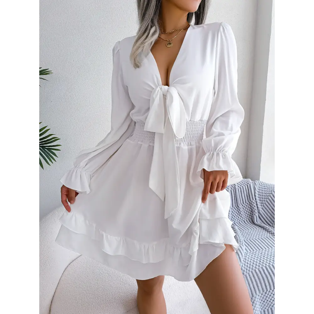 Spring And Summer European And American Leisure Lace-up Waist-tight Wooden Ear Swing Dress - White / S