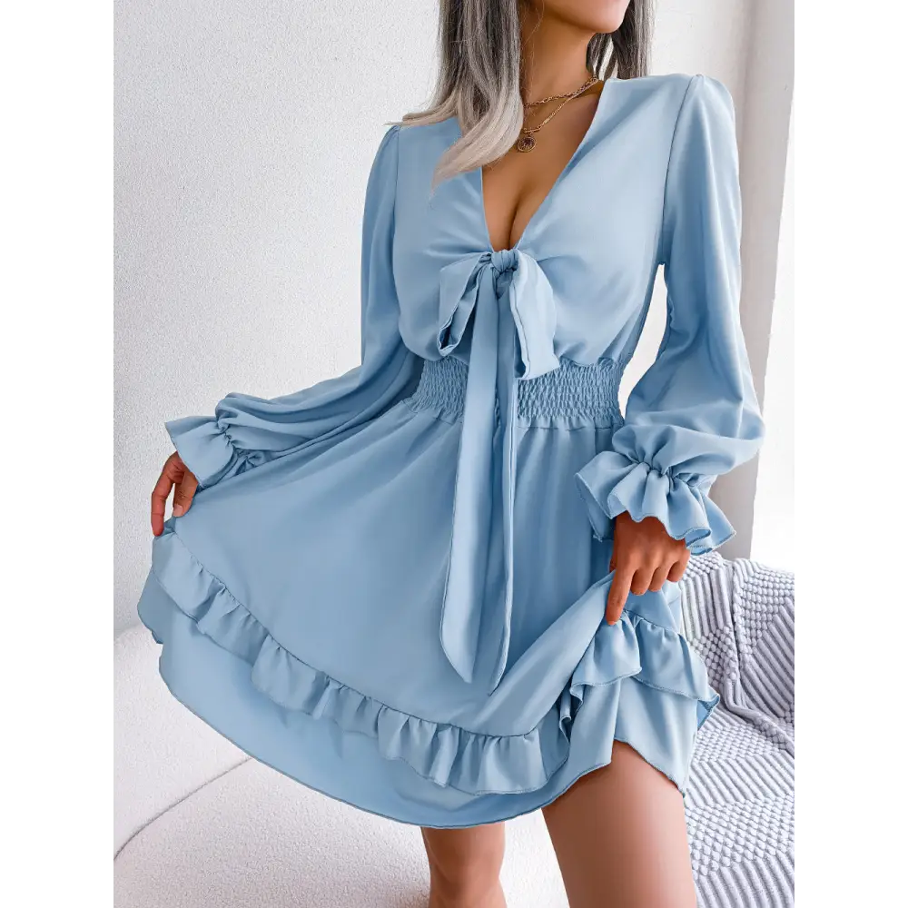 Spring And Summer European And American Leisure Lace-up Waist-tight Wooden Ear Swing Dress - Light Blue / S
