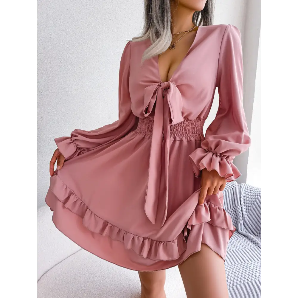 Spring And Summer European And American Leisure Lace-up Waist-tight Wooden Ear Swing Dress