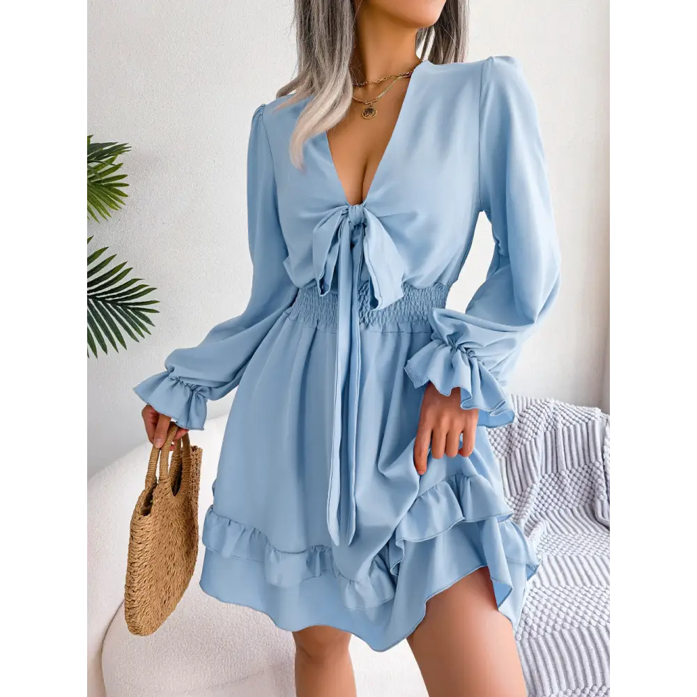 Spring And Summer European And American Leisure Lace-up Waist-tight Wooden Ear Swing Dress
