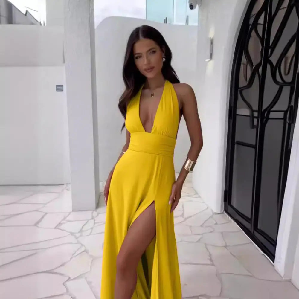 Spring Women’s Halter V-Neck Slit Maxi Dress Cow Milk Silk Fabric - Yellow / S - 4