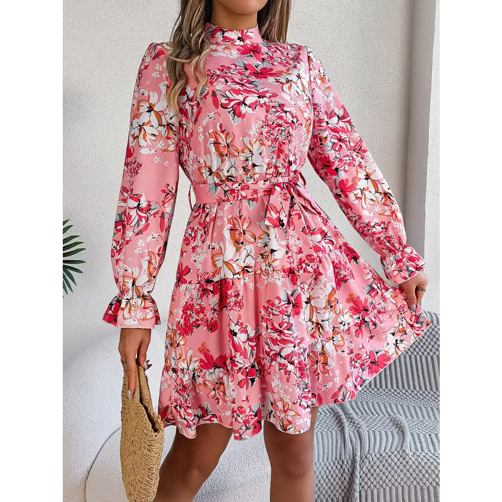 Stand Collar Flower Waist-controlled Long Sleeves Ruffled A-line Dress - Pink / S