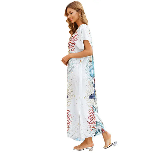 Starfish Printed Loose Beach Skirt Bikini Robe Sun Protection Shirt - White / One Size
