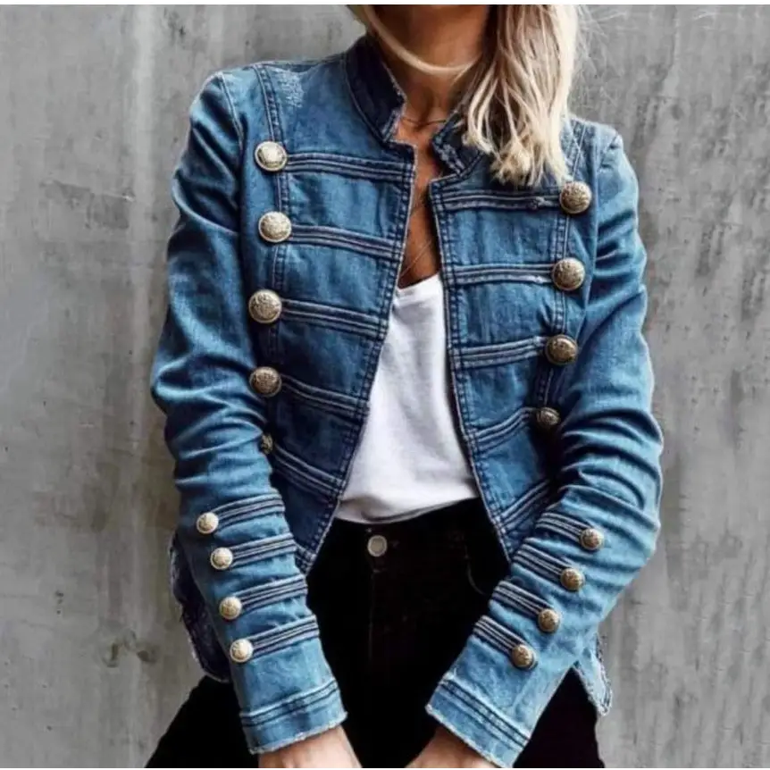 Blue denim military-style jacket.